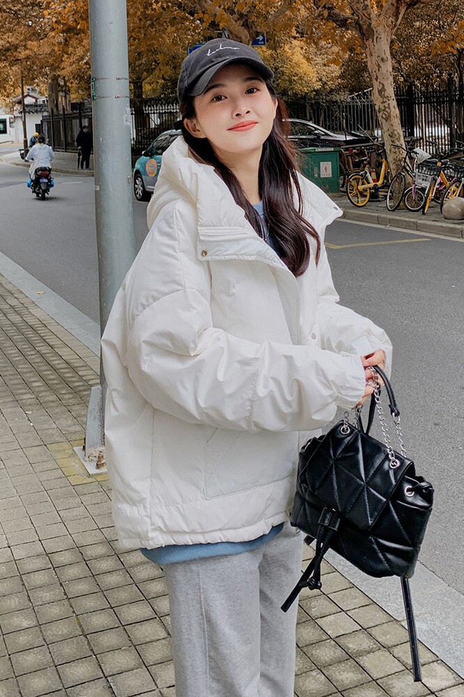 白色短款连帽羽绒服女2024冬季新款小个子学院风90白鸭绒加厚外套,女装羽绒服,浙宝180A