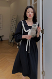 大码黑色娃娃领蕾丝连衣裙女2023春季新款法式温柔风气质收腰显瘦，女装连衣裙，浙宝180A