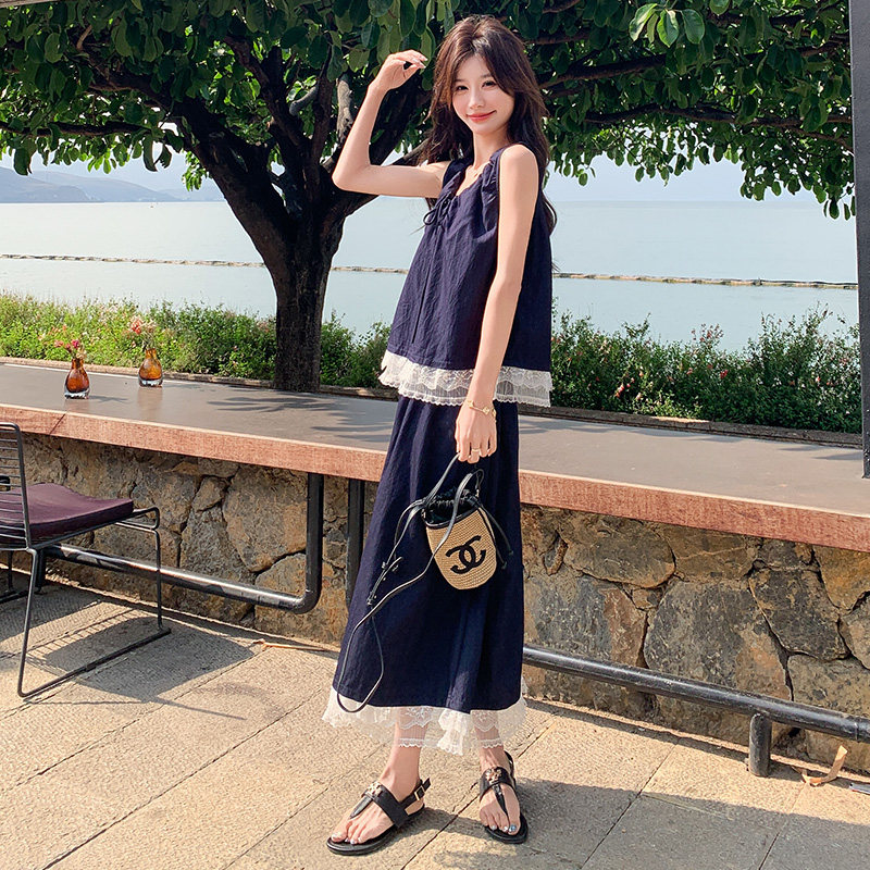 夏季新款绝美俏皮两件套2025高级感蕾丝拼接藏青色背心半身裙套装,女装套装/套裙,浙宝180A