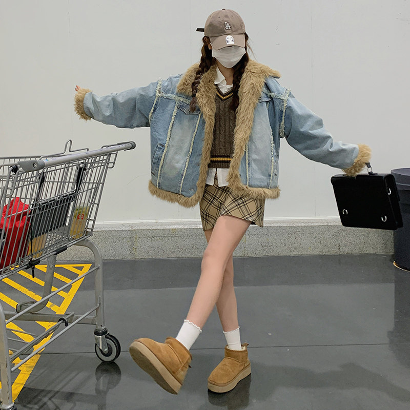 新款现货！复古毛毛拼接牛仔外套厚浙宝180A/货号1833/p185控258,女装短外套,浙宝180A