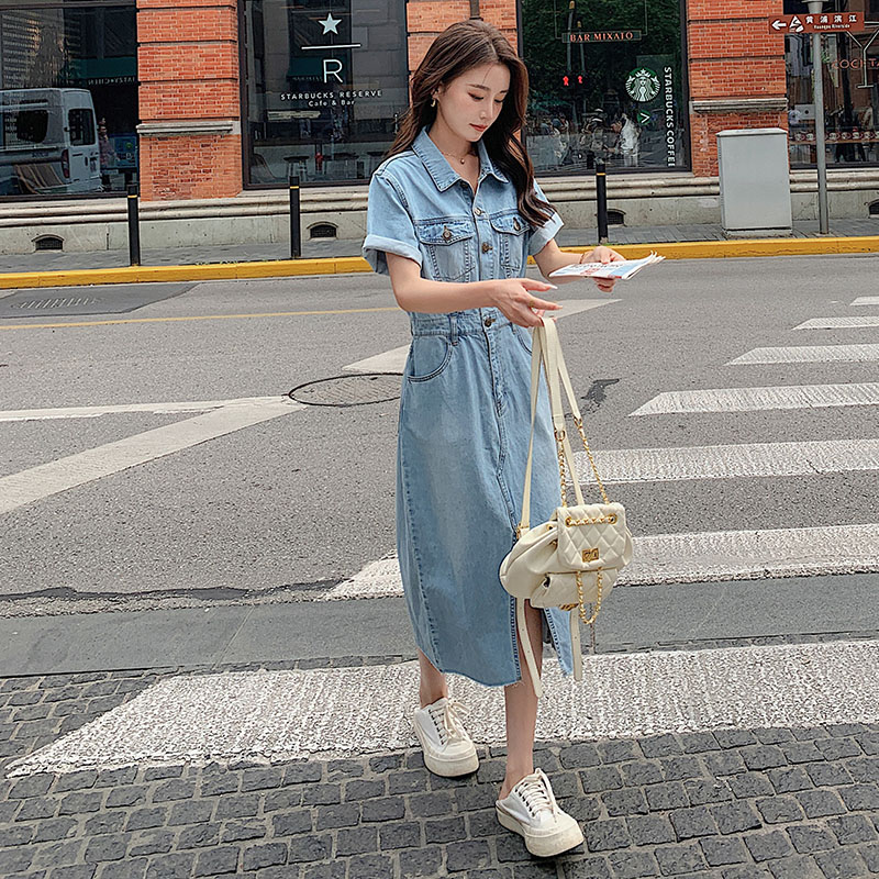 港风polo领牛仔连衣裙女2025夏季新款韩版小个子收腰显瘦衬衫裙子,女装连衣裙,浙宝180A
