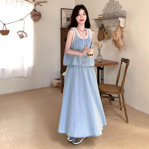 蕾丝拼接无袖牛仔背心半身裙套装女夏2025新款韩系独特绝美两件套图片