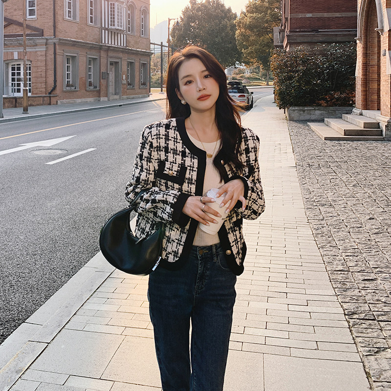 千鸟格小香风外套女2025年春秋新款韩系高级感炸街气质名媛短上衣,女装短外套,浙宝180A