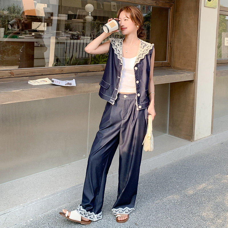 蕾丝拼接牛仔马甲套装女2025超火ootd穿搭减龄高级感阔腿裤两件套,女装套装/套裙,浙宝180A