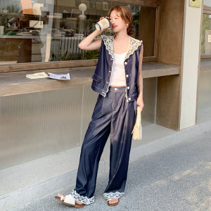 蕾丝拼接牛仔马甲套装女2025超火ootd穿搭减龄高级感阔腿裤两件套图片
