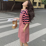 粉色条纹T恤背带短裤两件套女2023夏新款韩版学院风休闲减龄套装，女装套装/套裙，浙宝180A