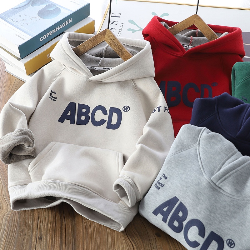 男童百搭密密绒连帽卫衣2025冬季儿童加厚字母上衣中大童保暖帽衫