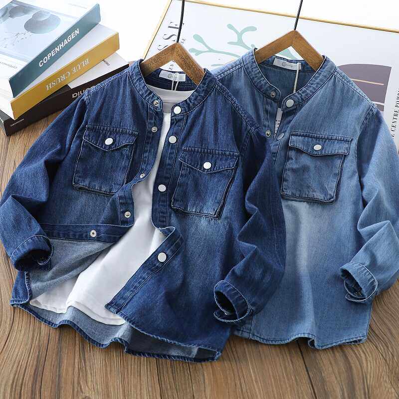 男童长袖牛仔衬衫2025儿童立领纯棉休闲潮上衣中大童百搭帅气衬衣