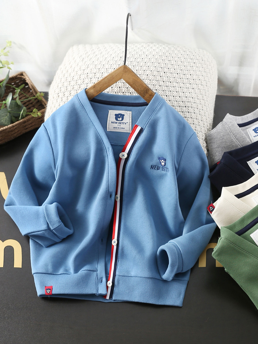 남학생 대학 스타일 자켓 2023 가을 새로운 어린이 순수 코튼 메쉬 코튼 니트 탑 중형 및 대형 아동 캐주얼 가디건