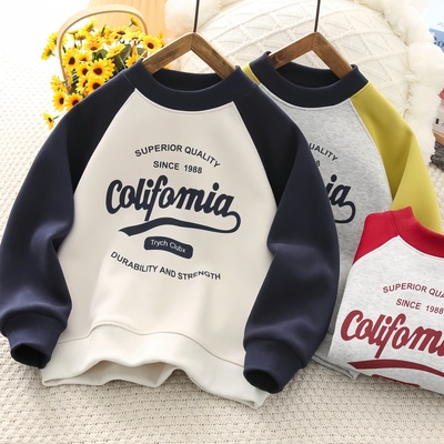 男童撞色插肩加绒连帽卫衣