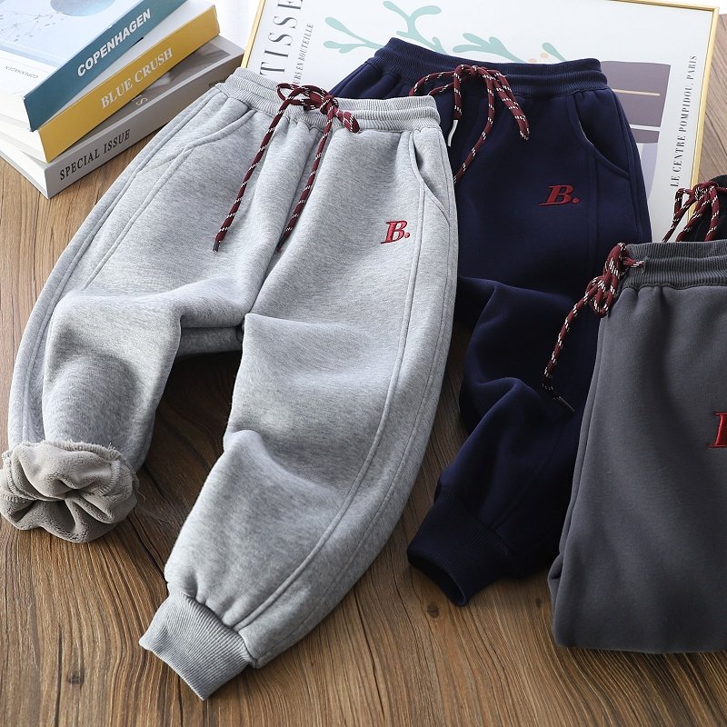 男童百搭密密绒运动裤2025冬季儿童刺绣加绒长裤中大童保暖潮卫裤