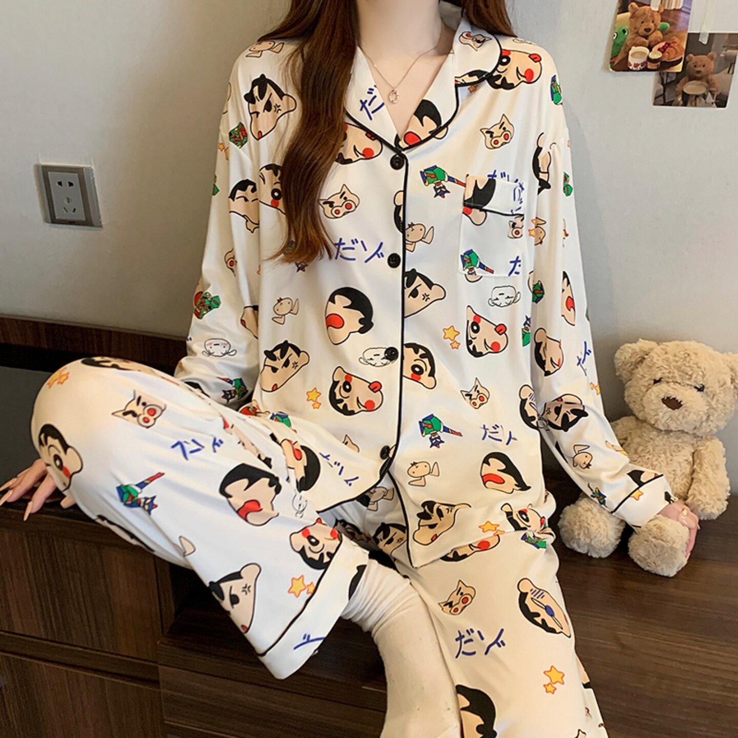 睡衣女春秋季新款长袖纯棉开衫甜美可爱卡通日系家居服套装可外穿