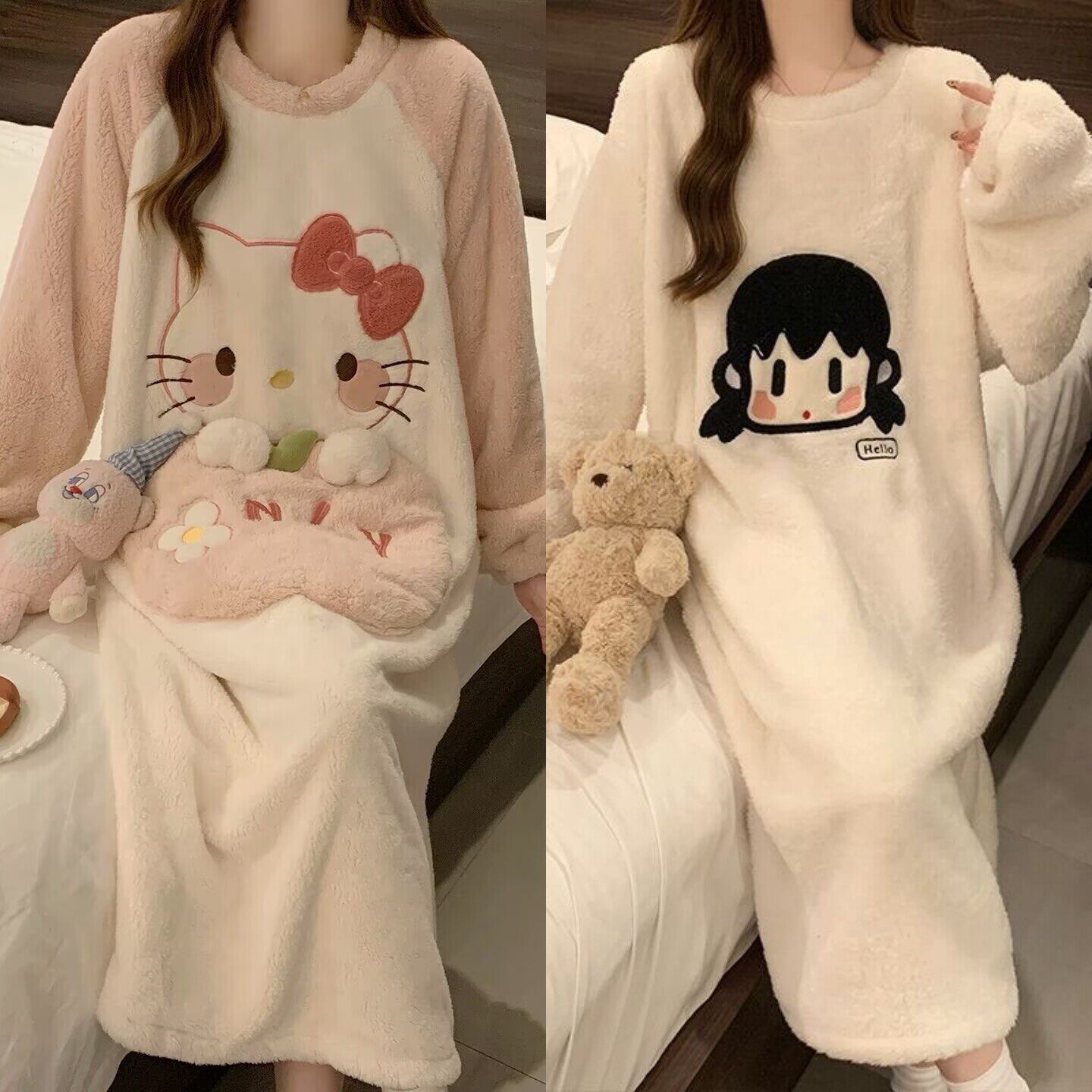【买一送一】秋冬季珊瑚绒睡裙女士可爱猫咪加厚法兰绒睡衣连衣裙
