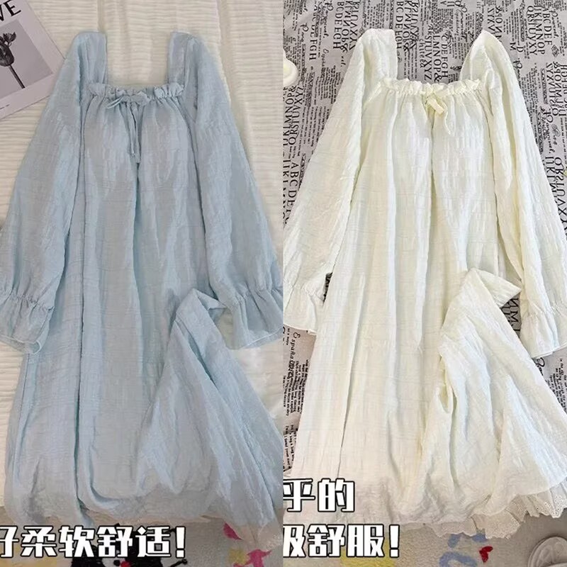 【两件价】带胸垫公主风长袖睡裙女春秋云朵棉花边甜美可爱连衣裙