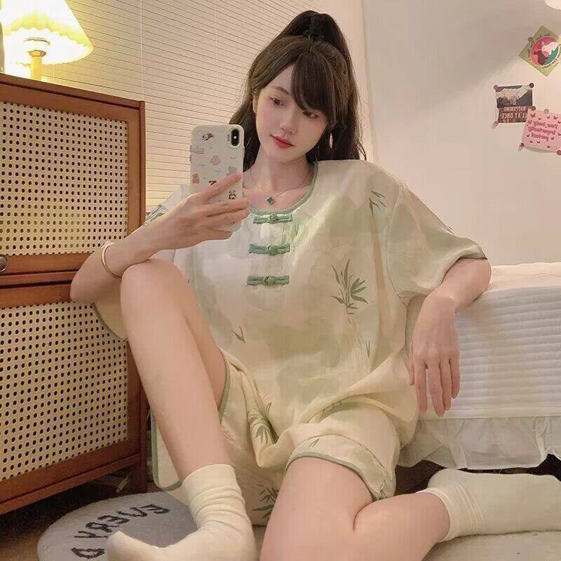 棉绸睡衣女款新中式国风夏季薄款带胸垫一体式短袖夏天家居服套装