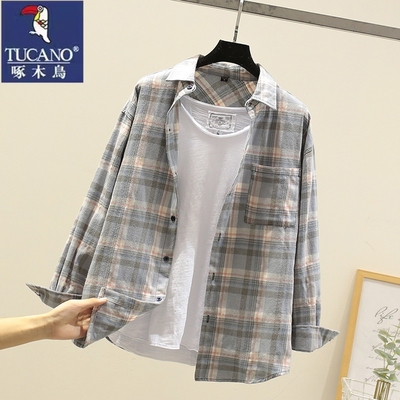 啄木鸟春秋季男士长袖衬衣青少年格子外套休闲大码新款潮学生衬衫