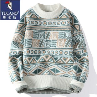 啄木鸟拼色毛衣男款冬季个性青年加厚圆领针织衫潮牌新款打底衫潮