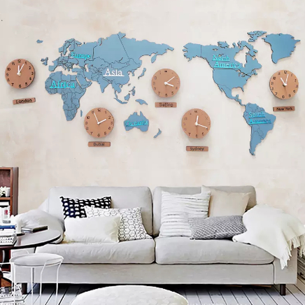 挂钟世界地图创意亚克力北欧DIY客厅3d免打孔壁装饰墙贴钟表挂钟