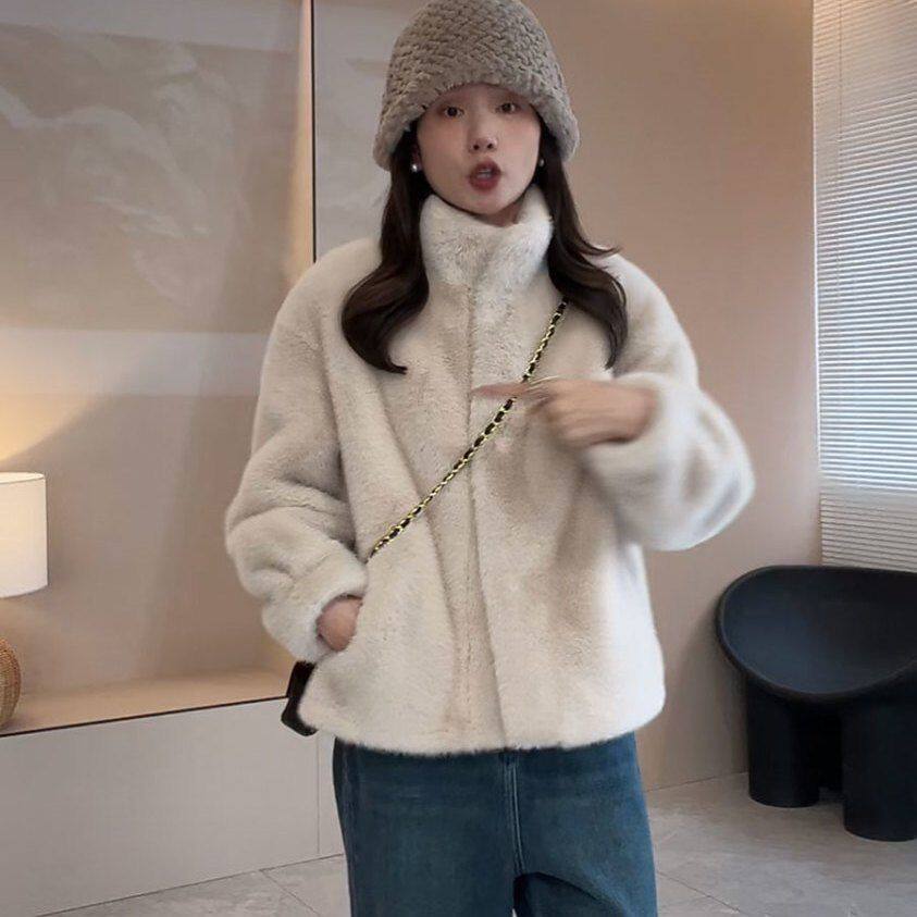 2023冬季小个子立领短款皮毛一体水貂环保毛绒皮草毛毛外套美拉德