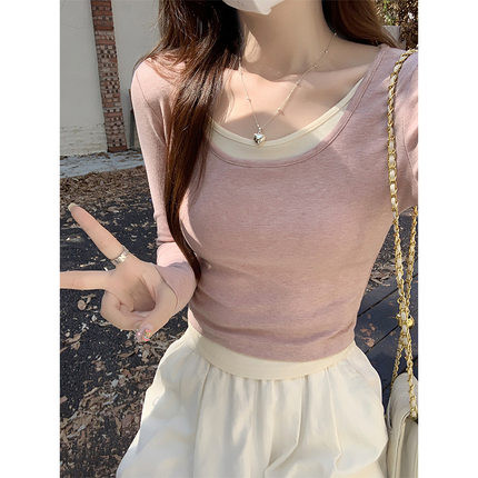 粉色U领纯欲风假两件长袖t恤女秋冬设计感不规则拼色修身内搭上衣