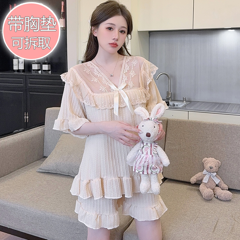 带胸垫睡衣女夏季特大码胖mm短袖短裤性感纯欲风提花纯棉200斤5XL