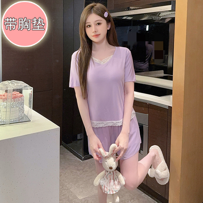 带胸垫睡衣夏季女款短袖短裤莫代尔凉感胖mm特大码200斤家居服5XL
