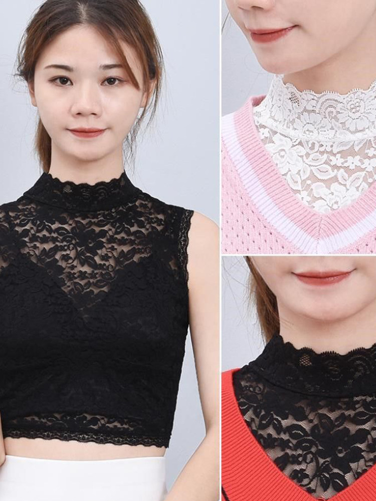 VERSATILE LACE DANCING WOMENS BASE SHIRT FAKE COLLAR CUT-OUT TRIM BEAUTY NECK PULLOVER ROUND NECK SHORT