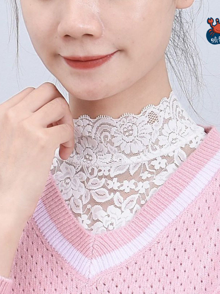 VERSATILE LACE DANCING WOMENS BASE SHIRT FAKE COLLAR CUT-OUT TRIM BEAUTY NECK PULLOVER ROUND NECK SHORT