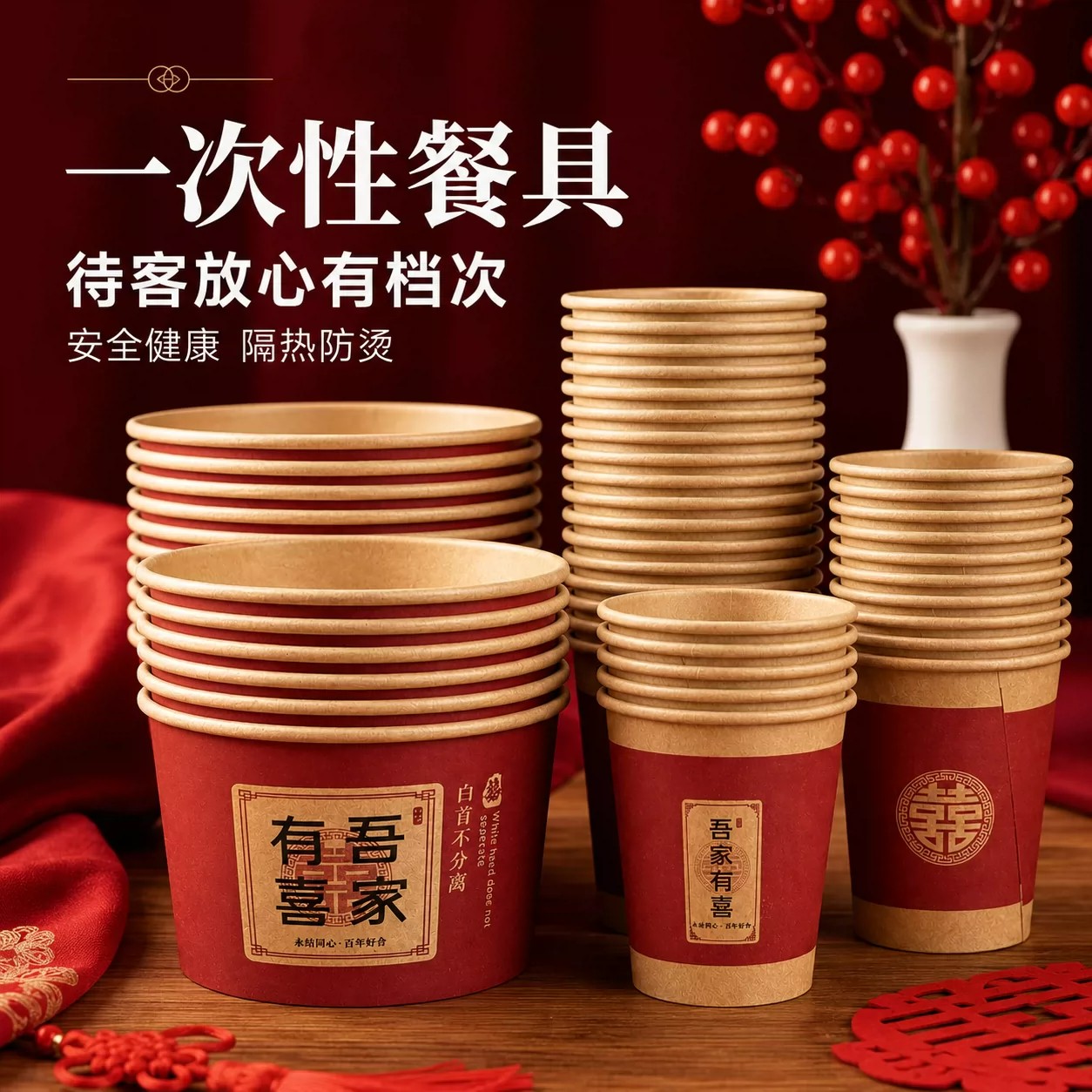 婚庆一次性加厚红纸碗筷套装