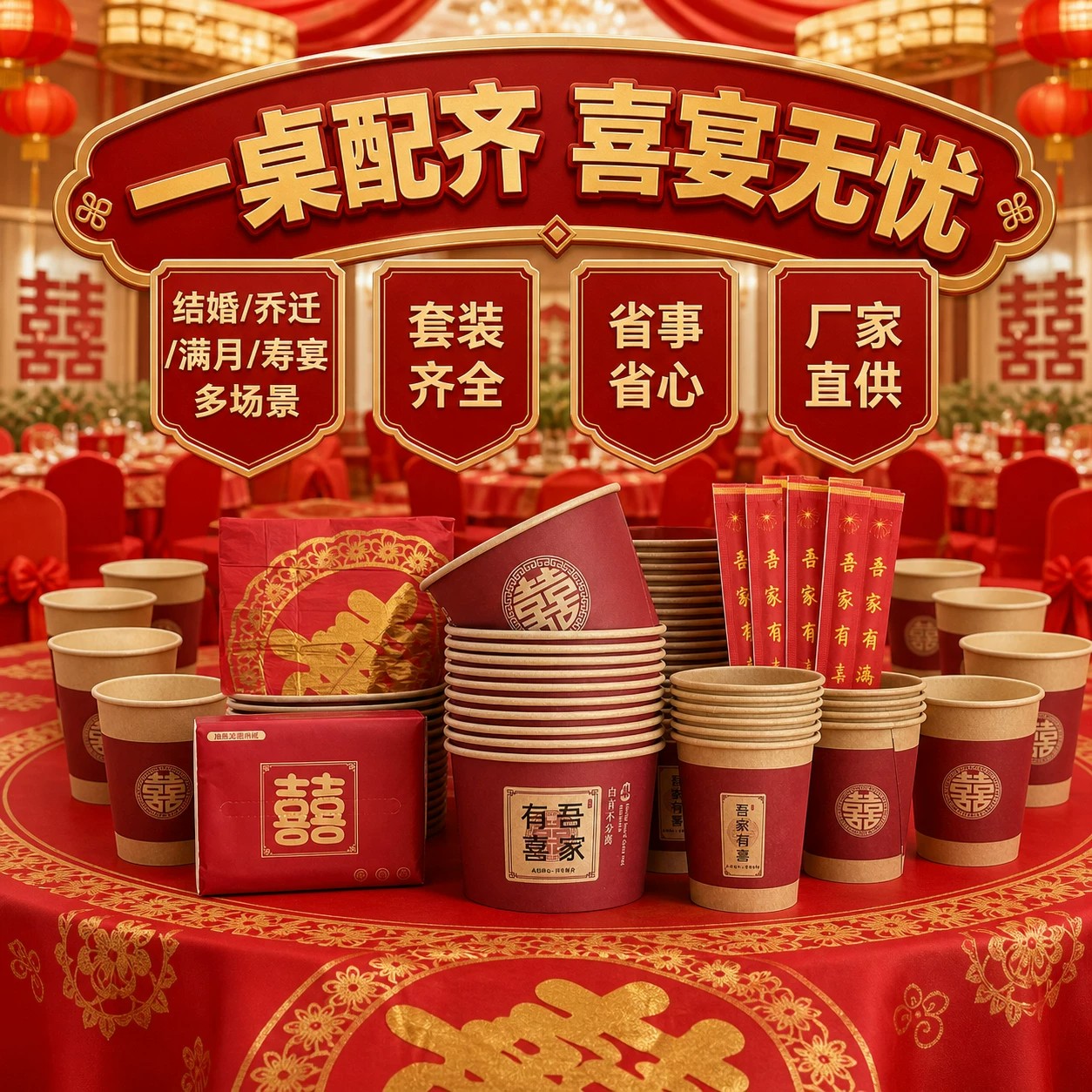 婚庆红色牛皮纸碗杯碗一次性餐具