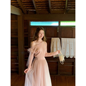 绝美显瘦斜肩露肩羊毛针织连衣裙女 桃可了 腮红吻肩 高腰长裙