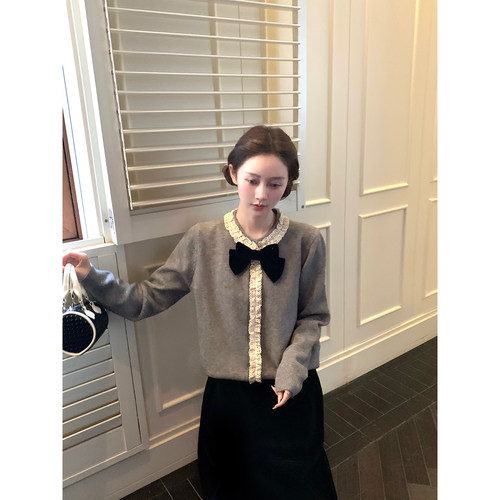 桃可了 编织的梦境 棉质花边围绕羊毛衫外套女秋冬小个子针织上衣