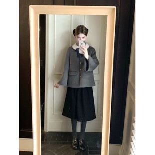 7折 学院小斗篷 娃娃领加厚双面呢外套女+高腰羊毛百褶裙套装