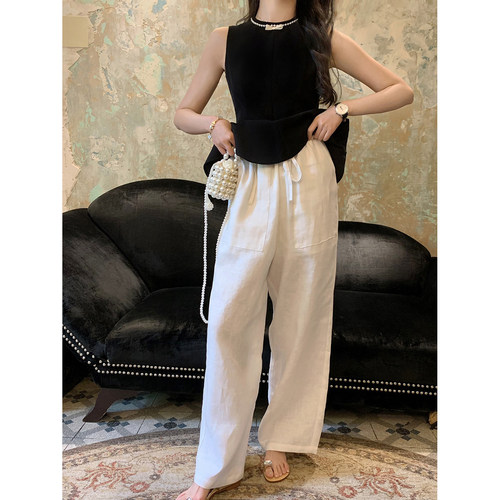 桃可了◆青禾 高克重天然亚麻百搭直筒宽松舒适白色阔腿裤女夏