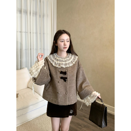 桃可了 刺绣小狗 刺绣毛衣宽松斗篷外套+刺绣丝绒半裙套装女冬季