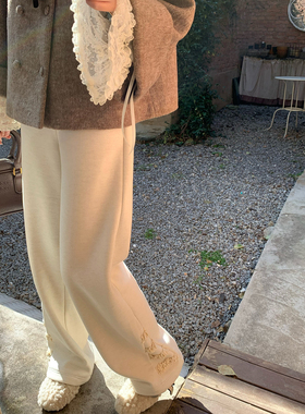 桃可了 闭眼入神裤 花边点缀羊毛加绒针织阔腿裤女显瘦直筒长裤子