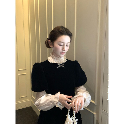 桃可了 暗夜蔷薇 兜兜袖圆领收腰显瘦气质丝绒黑色连衣裙女秋冬