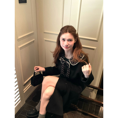 桃可了 魔法领结 娃娃拼色领黑色羊毛毛呢大衣女小个子中长款外套