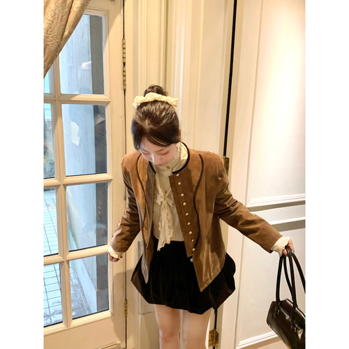 桃可了◆《芙拉小姐的棕色手包》复古麂皮加棉外套短款修身棉衣女