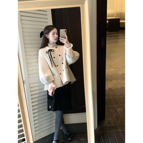 桃可了 蝶栖甜梦 超漂亮的南瓜袖双面呢外套女冬宽松羊毛毛呢大衣