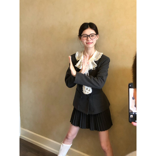 桃可了《少女祈祷灰色》收腰西装外套女秋复古气质显瘦小西服上衣