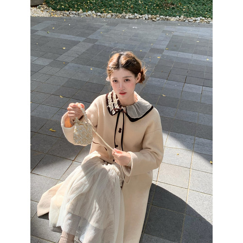 桃可了 偏光叙事 设计感不对称领面中长款小个子羊毛毛呢大衣女冬