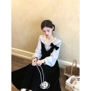 桃可了《蓝调礼物》大翻领蕾丝灰蓝衬衫套装蝴蝶结衬衣丝绒半身裙