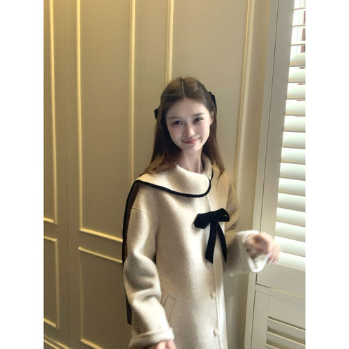 桃可了 设计手稿 单侧围巾双面呢大衣女冬小个子中长款羊毛呢外套