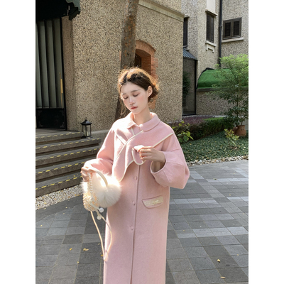 桃可了 粉雾絮语 设计围巾学院中长款小个子羊毛呢双面呢大衣女冬
