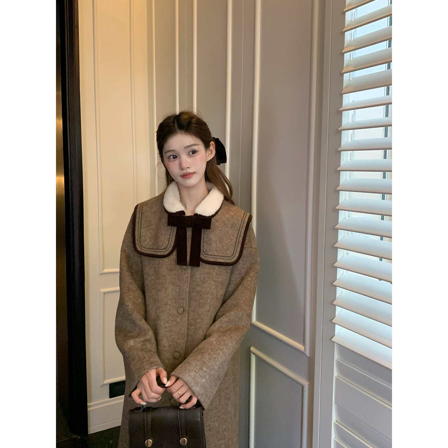 桃可了 古着磨痕 毛绒翻领奶咖暖加厚小个子羊毛呢大衣外套女冬季