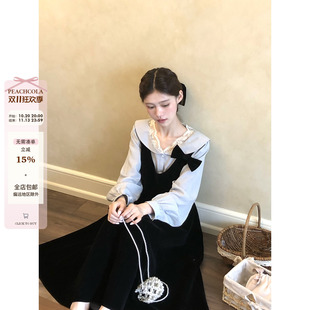 桃可了《蓝调礼物》大翻领蕾丝灰蓝衬衫套装蝴蝶结衬衣丝绒半身裙
