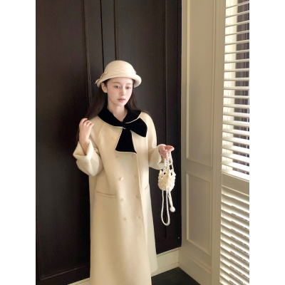 桃可了 珍珠釉色 不对称领结双面呢大衣女小个子中长款羊毛呢外套