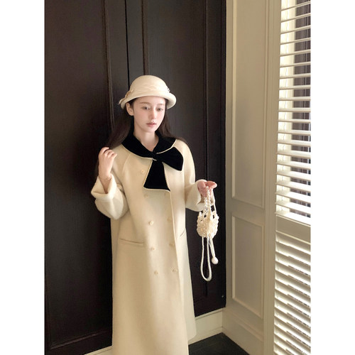 桃可了 珍珠釉色 不对称领结双面呢大衣女小个子中长款羊毛呢外套