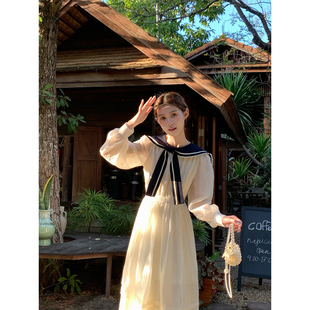 桃可了 十久樱 日系海军领少女长袖收腰连衣裙女显瘦小个子长裙